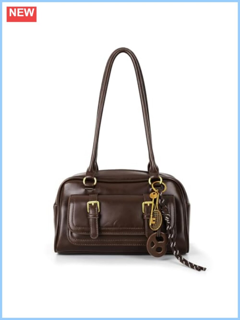 PU Leather Vintage Bowler Shoulder Bag Top Handle Y2K Purse with Pendant